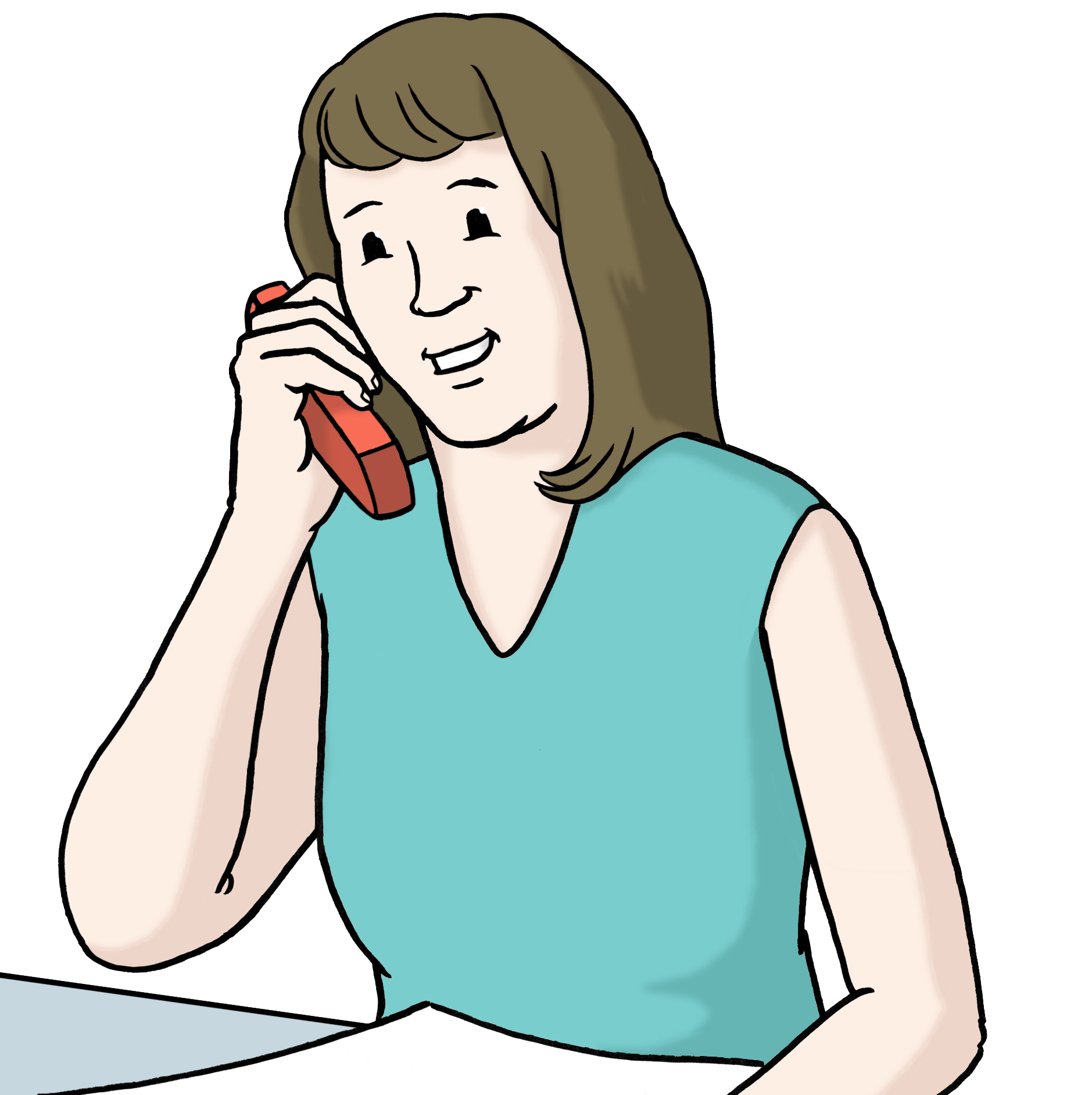 Eine Frau sitzt am Tisch und telefoniert
